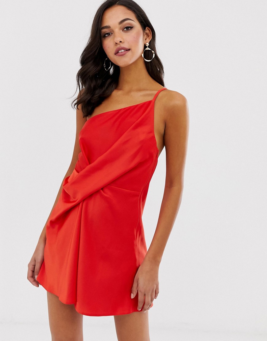 ASOS DESIGN mini dress with one shoulder in satin-Red