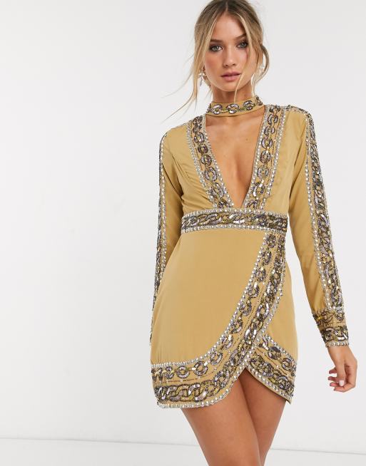 ASOS DESIGN mini dress with plunge neck with chain embelishment