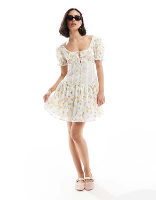 Asos Design Mini Dress With Puff Sleeve And Lace Waist In Blue And Lemon Floral Print-multi