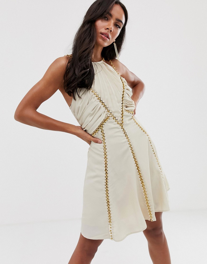 ASOS DESIGN mini dress with ruched bodice and chain inserts-Cream