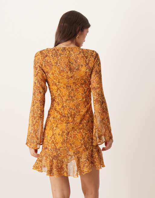 ASOS DESIGN mini dress with ruched bodice and ruffle tendrils in ochre floral, 2 of 4