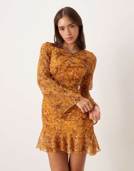 ASOS DESIGN mini dress with ruched bodice and ruffle tendrils in ochre floral, 4 of 4