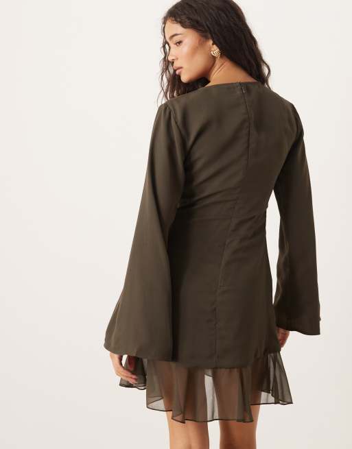 ASOS DESIGN mini dress with ruched bodice in dark olive, 3 of 4