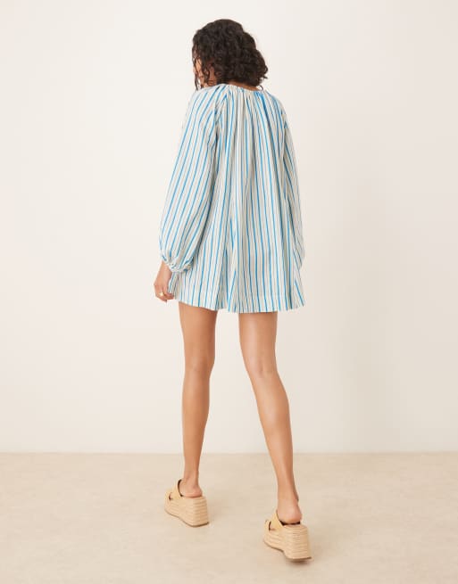 ASOS DESIGN mini dress with ruched channel scoop neck and volume sleeves in stripe, 2 of 4