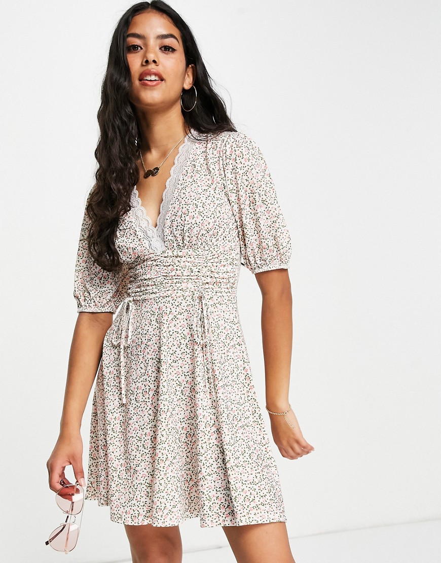ASOS DESIGN mini dress with ruched waist and lace trim in ditsy floral-Multi