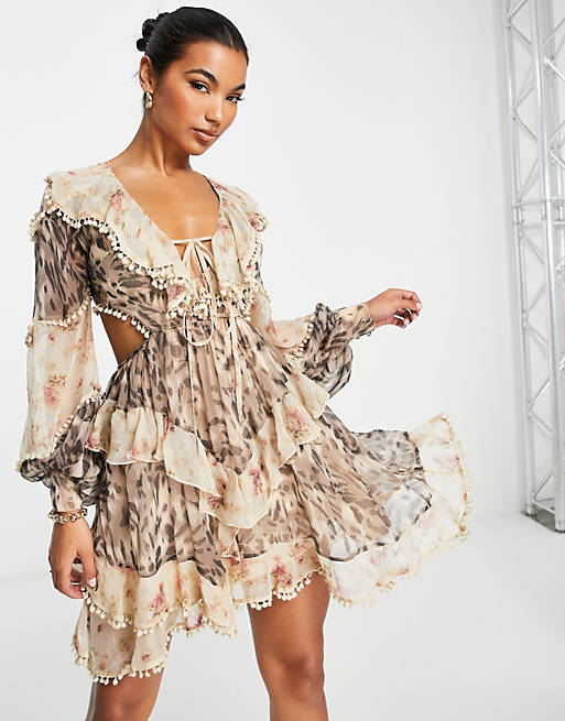 ASOS DESIGN mini dress with ruffle detail in mixed floral and animal print