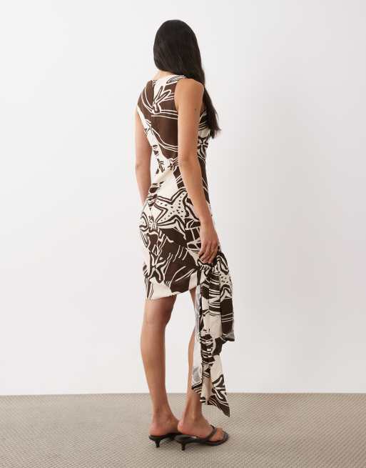 ASOS DESIGN mini dress with scarf detail in brown conversational print, 4 of 4