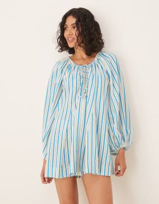 ASOS DESIGN mini dress with scoop neck ruched channel and volume sleeve in stripe - view 1