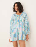 [ASOS DESIGN] ASOS DESIGN mini dress with scoop neck ruched channel and volume sleeve in stripe-Multi 10 Stripe