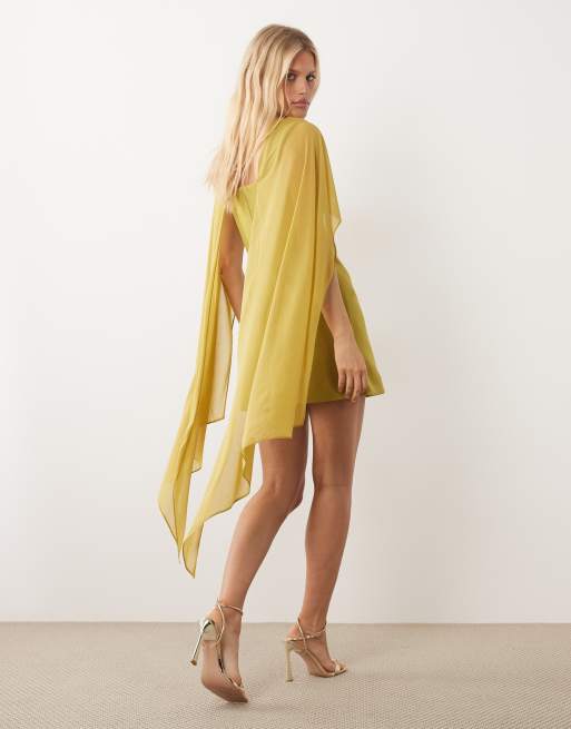 ASOS DESIGN mini dress with sheer cape shoulder in avocado scuba-style fabric, 4 of 4