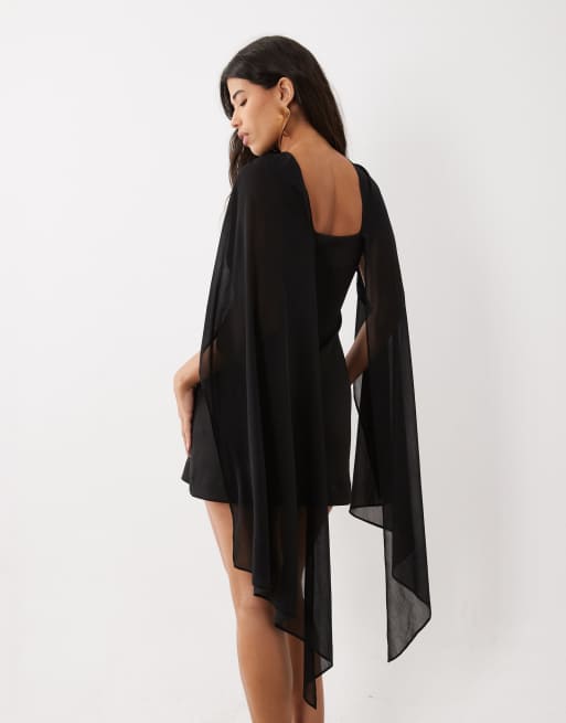 ASOS DESIGN mini dress with sheer cape shoulder in black scuba-style fabric, 2 of 4