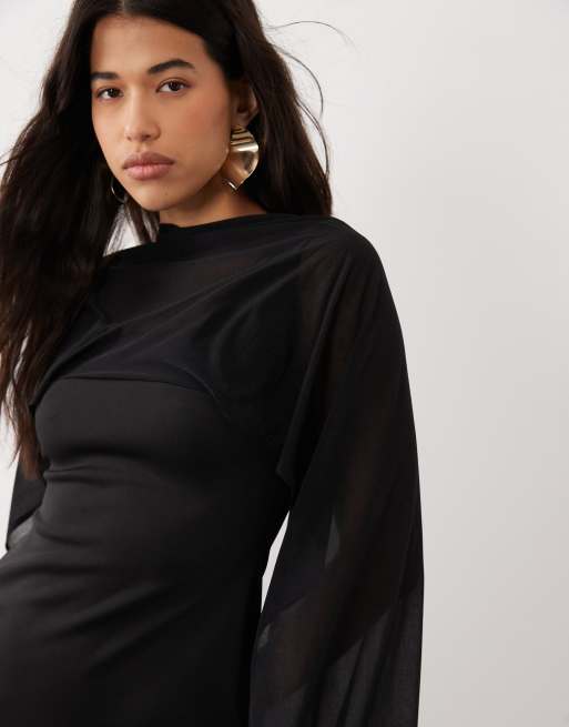 ASOS DESIGN mini dress with sheer cape shoulder in black scuba-style fabric, 3 of 4