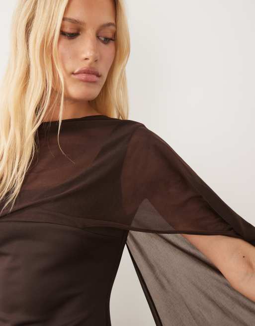 ASOS DESIGN mini dress with sheer cape shoulder in chocolate scuba-style fabric, 3 of 4