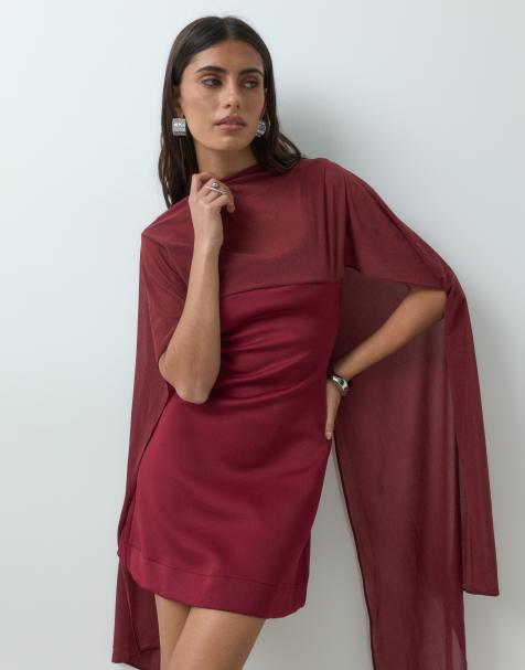 ASOS DESIGN mini dress with sheer cape shoulder in wine scuba-style fabric