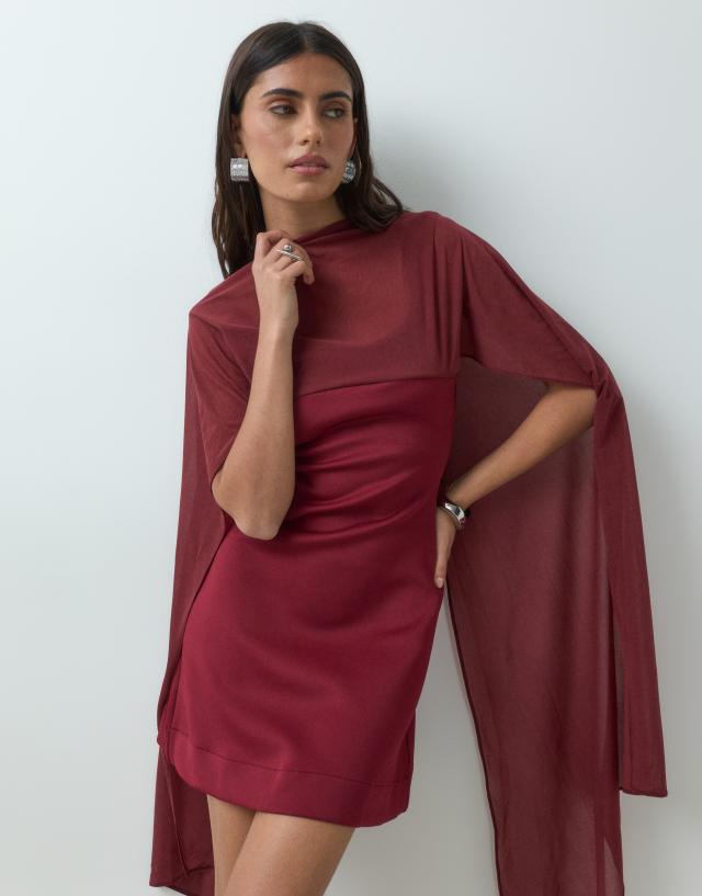 ASOS DESIGN mini dress with sheer cape shoulder in wine scuba-style fabric