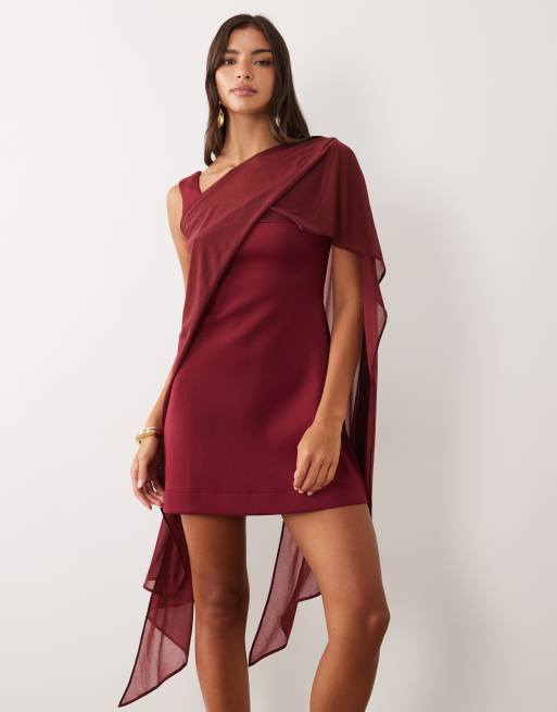 ASOS DESIGN mini dress with sheer cape shoulder in wine scuba-style fabric, 2 of 4