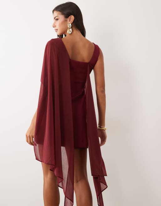 ASOS DESIGN mini dress with sheer cape shoulder in wine scuba-style fabric, 4 of 4