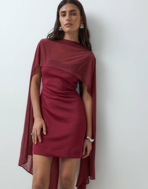 ASOS DESIGN mini dress with sheer cape shoulder in wine scuba-style fabric, 5 of 5