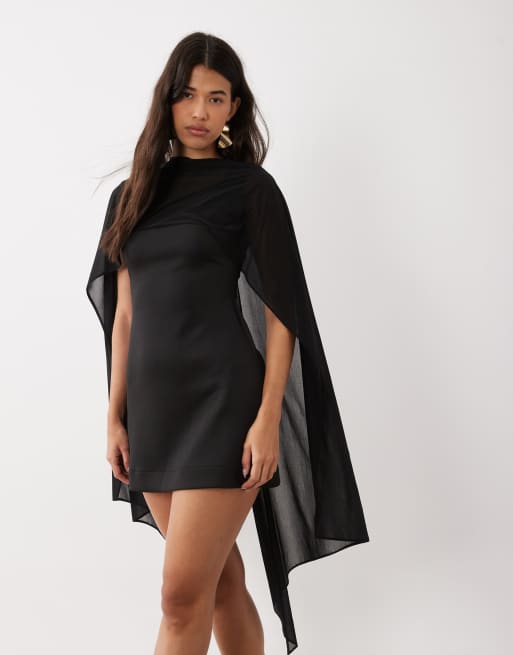 ASOS DESIGN mini dress with sheer cape shoulders in black scuba-style fabric, 4 of 4