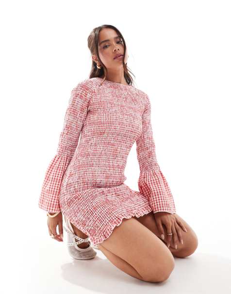 ASOS DESIGN mini dress with shirring details in red gingham - view 1