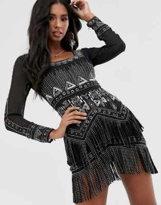 black and silver fringe dress