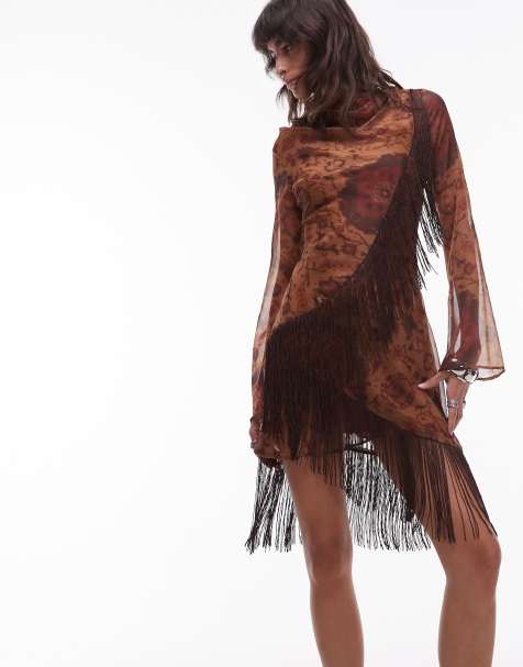 ASOS DESIGN mini dress with tassels in brown floral print - view 1