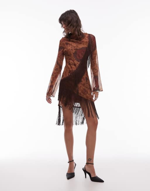 ASOS DESIGN mini dress with tassels in brown floral print