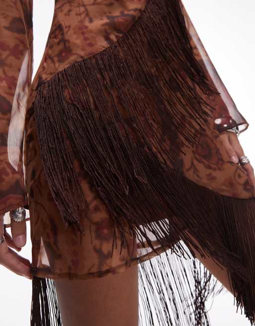 ASOS DESIGN mini dress with tassels in brown floral print