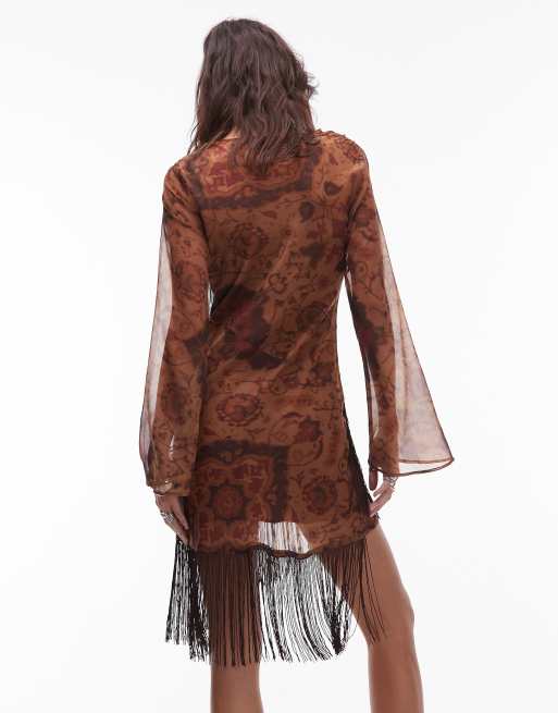 ASOS DESIGN mini dress with tassels in brown floral print