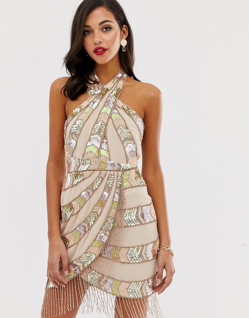 ASOS DESIGN mini dress with wrap neck and aztec embellishment fringe-Multi