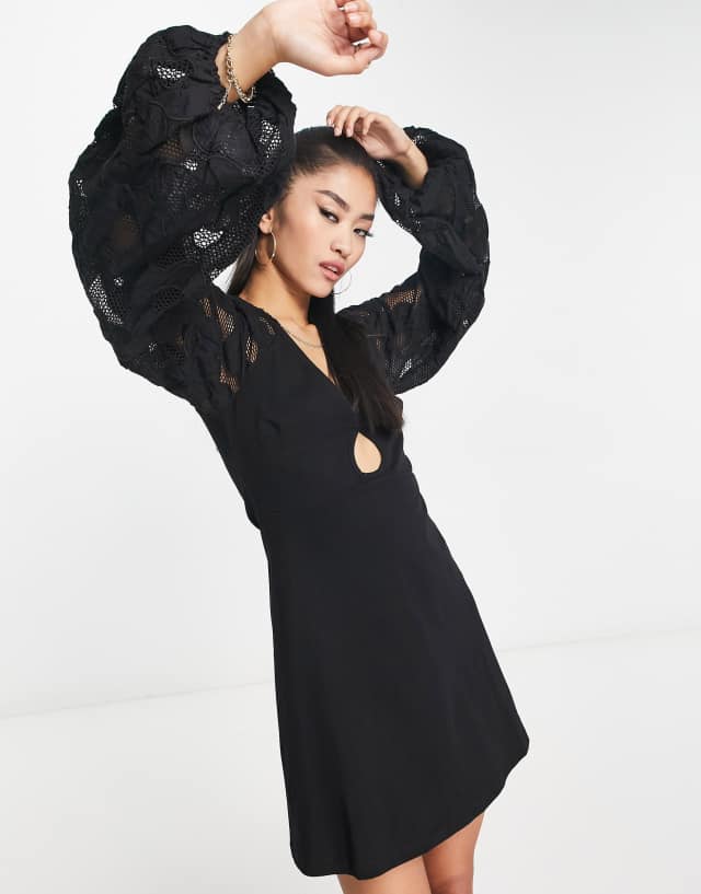 ASOS DESIGN - mini embroidered dress with crochet detail and puff sleeves in black