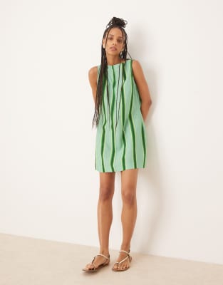 ASOS DESIGN - Mini-Etuikleid aus Baumwoll-Leinen in Grün gestreift mit U-Boot-Ausschnitt