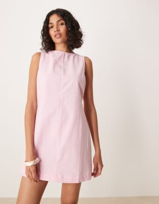 ASOS DESIGN - Mini-Etuikleid aus rosa Baumwoll-Leinen mit U-Boot-Ausschnitt