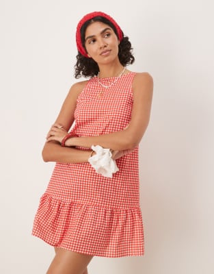 ASOS DESIGN - Mini-Etuikleid mit rotem Vichy-Karomuster, tiefer Taille und tiefem Rückenausschnitt-Bunt
