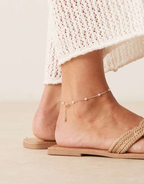 ASOS DESIGN mini faux pearl anklet in gold tone - view 1