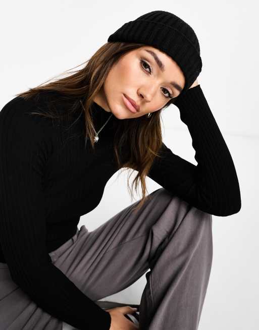 ASOS DESIGN mini fisherman beanie hat in polyester in black