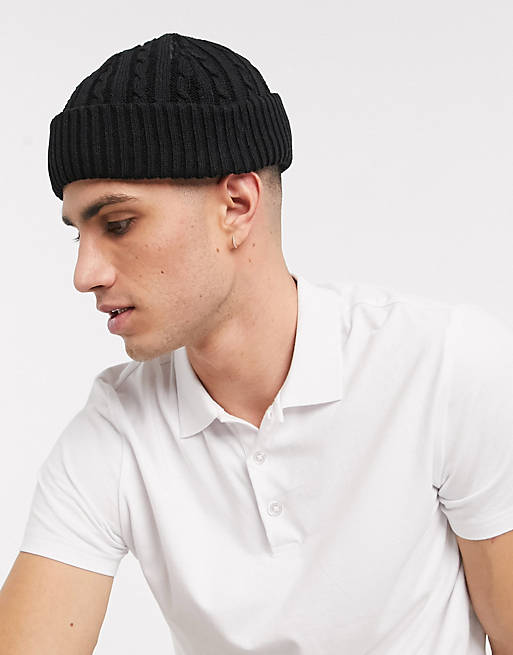ASOS DESIGN mini fisherman beanie in black with cable knit | ASOS