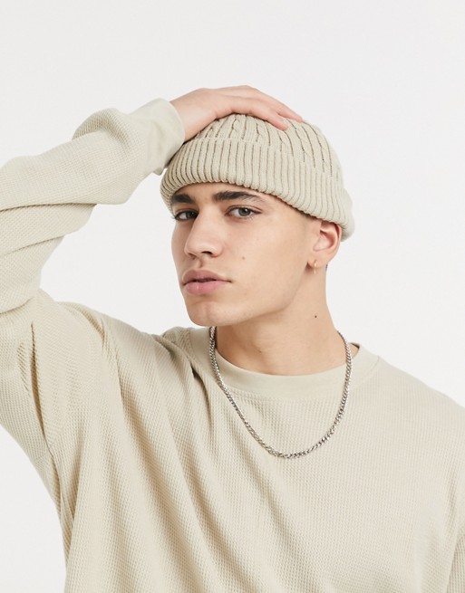 ASOS DESIGN mini fisherman beanie in camel with cable knit detail