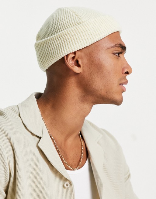 ASOS DESIGN mini fisherman beanie in cream with waffle knit detail
