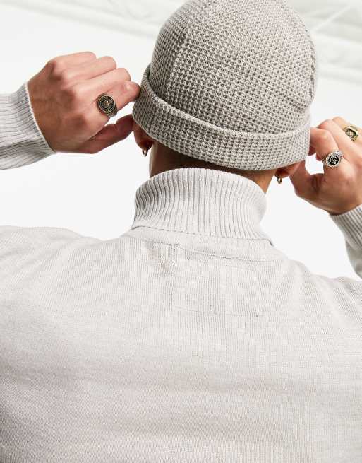 ASOS DESIGN mini fisherman beanie in gray with waffle knit detail, 3 of 4