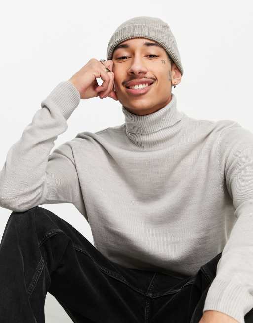 ASOS DESIGN mini fisherman beanie in grey with waffle knit detail, 4 of 4