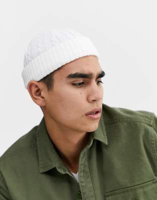 ASOS DESIGN mini fisherman beanie in white cable knit