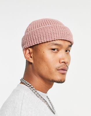 ASOS DESIGN mini fisherman beanie with waffle knit detail in pink