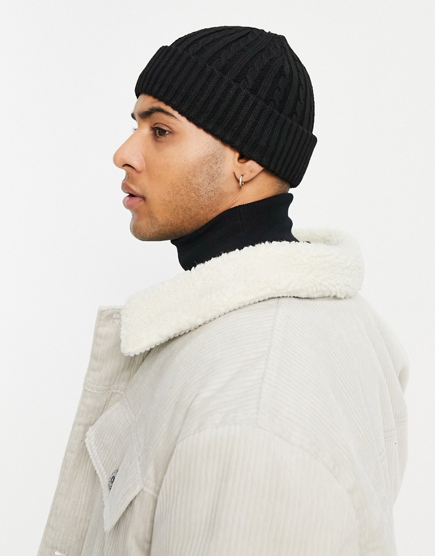 ASOS DESIGN mini fisherman ribbed beanie in black cable knit