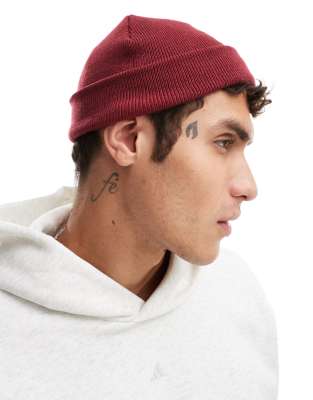 Asos Design Mini Fisherman Ribbed Beanie In Burgundy-red