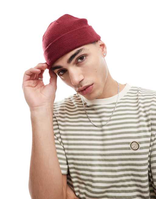 ASOS DESIGN mini fisherman ribbed beanie in burgundy ASOS