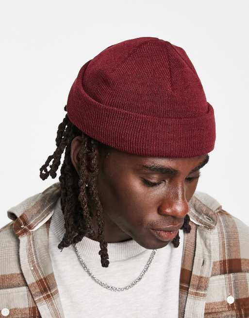 ASOS DESIGN mini fisherman ribbed beanie in burgundy