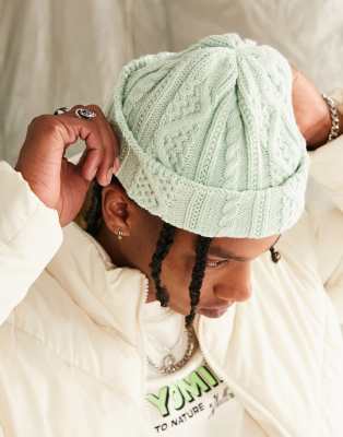 ASOS DESIGN mini fisherman ribbed beanie in green cable knit - ASOS Price Checker