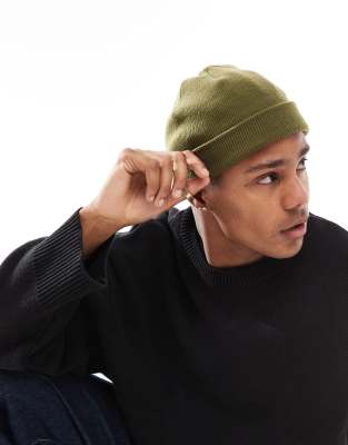 Asos Design Mini Fisherman Ribbed Beanie In Khaki-green