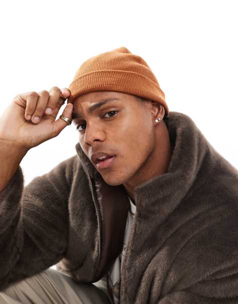 ASOS DESIGN mini fisherman ribbed beanie in tobacco brown - view 1